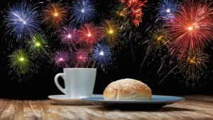 En kopp kaffe och en bulle med fyrverkerier i bakgrunden