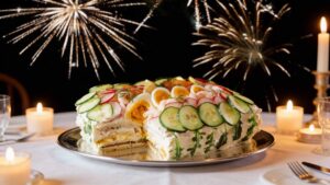 En smörgåstårta på ett festligt nyårsbord med fyrvekerier i bakgrunden.