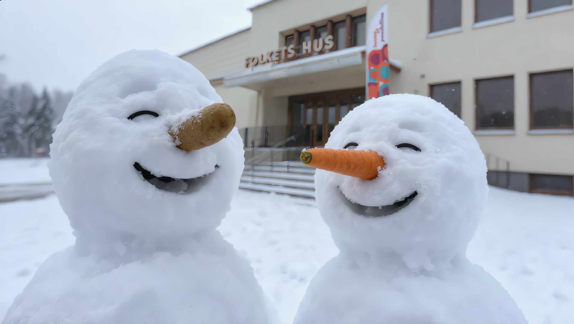 Två snöpersoner skrattar utanför en vintrig entré till House of Possibilitas, Hisings Backa