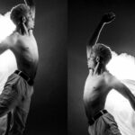 Svartvitt foto av en dansare, spegelvänt så personen syns två gånger