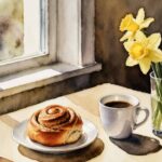 Kaffe med något gott till och vårblommor i en vas