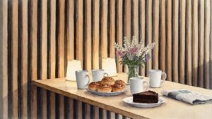 Uppdukat för mys i caféet på House of Possibilitas: kaffe, kaffebröd, dagens tidning