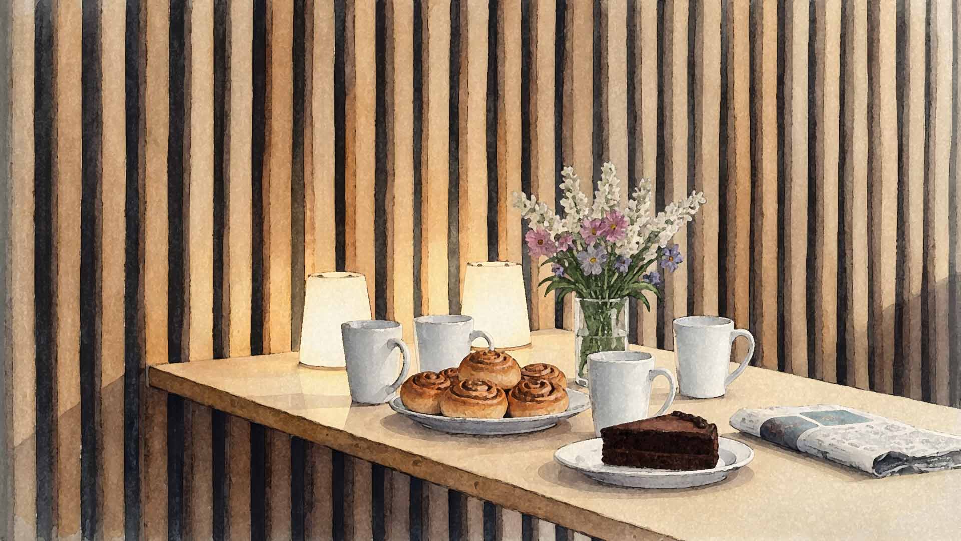 Uppdukat för mys i caféet på House of Possibilitas: kaffe, kaffebröd, dagens tidning