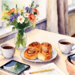 Ett bord dukat för fika, med kaffekoppar, bullar, blommor, en liten iPad och en person som håller i en iPhone