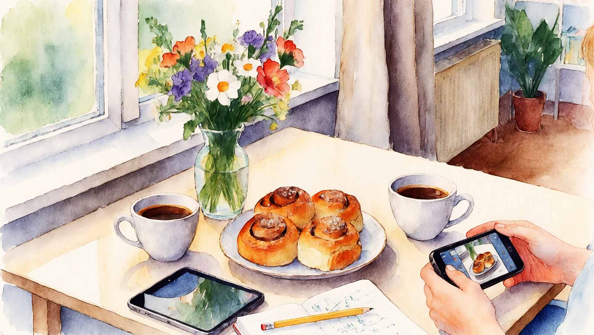 Ett bord dukat för fika, med kaffekoppar, bullar, blommor, en liten iPad och en person som håller i en iPhone