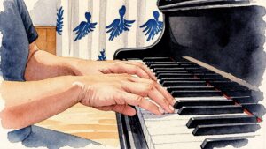 Närbild på händer som spelar på en flygel