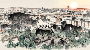 En grupp människor utövar på berget ovanför House of Possibilitas