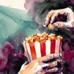 En äldre person bjuder sin kompis på biopopcorn, en digital bild som ska föreställa en akvarellmålning.