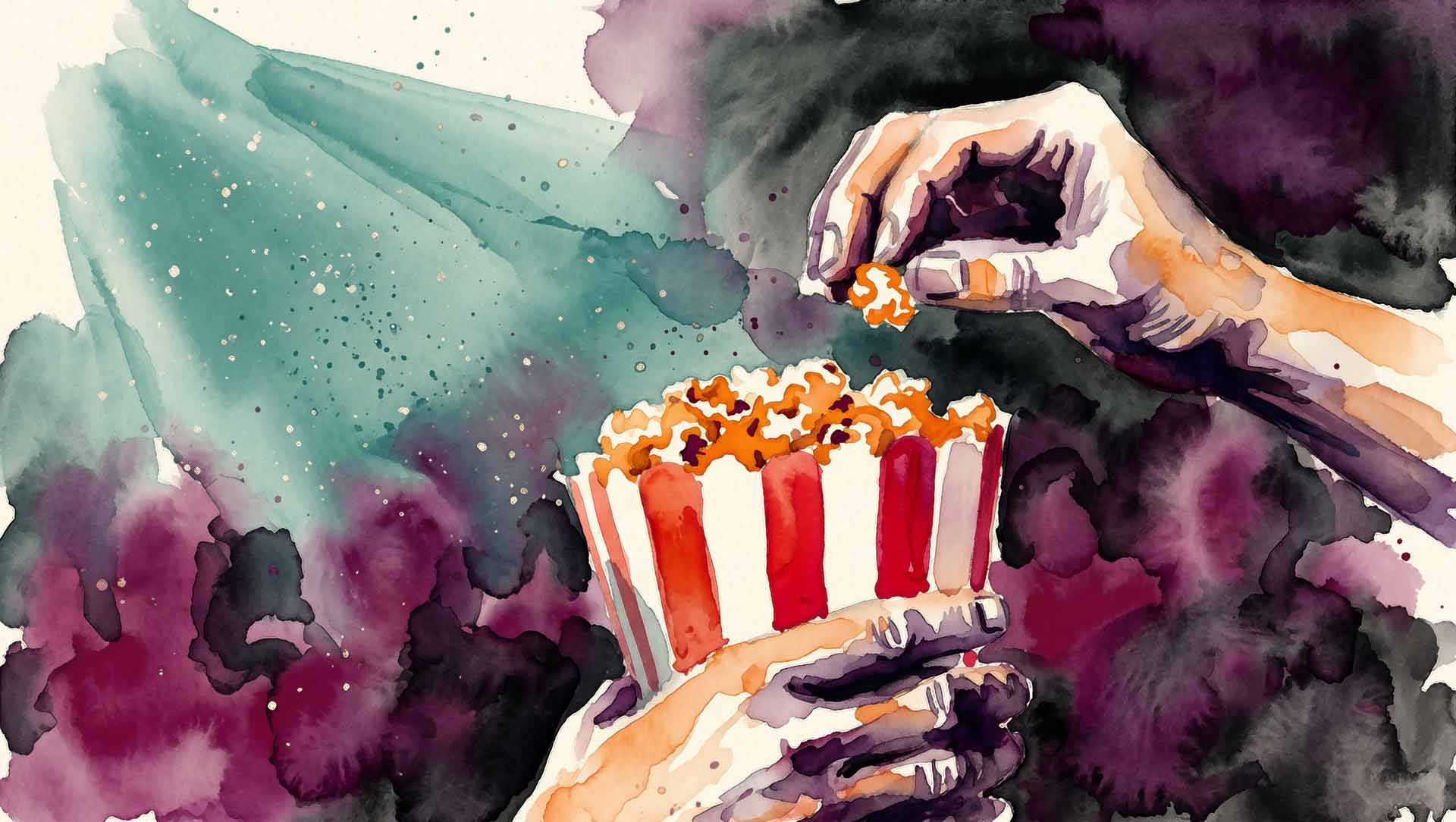 En äldre person bjuder sin kompis på biopopcorn, en digital bild som ska föreställa en akvarellmålning.
