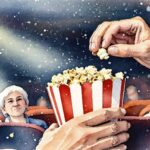 En äldre person bjuder sin kompis på biopopcorn.
