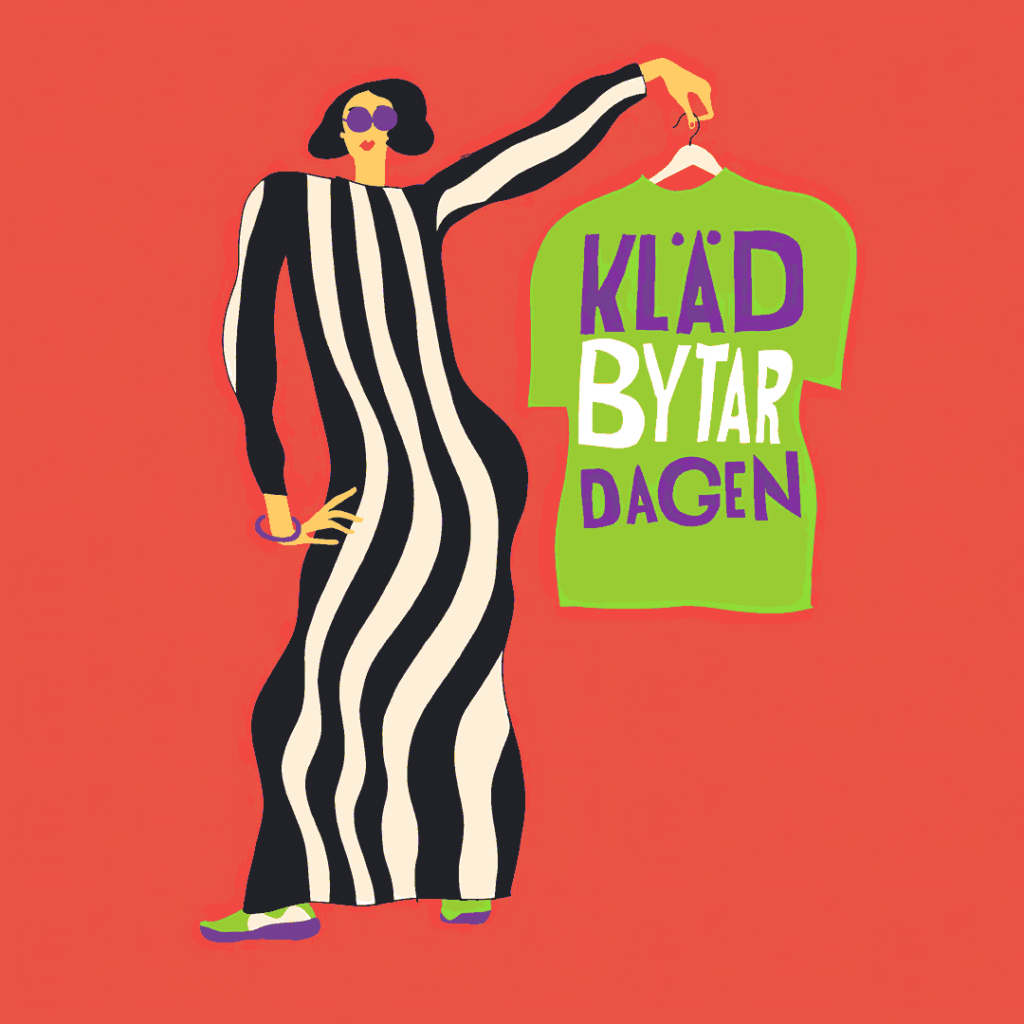 En tecknad illustration av en randigt klädd dam som håller i en t-shirt med texten Klädbytardagen.