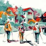 Illustration i akvarellstil: tre äldre personer på stavgångsutflykt
