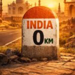 India 0 km på en vägsten i ett indiskt fantasilandskap