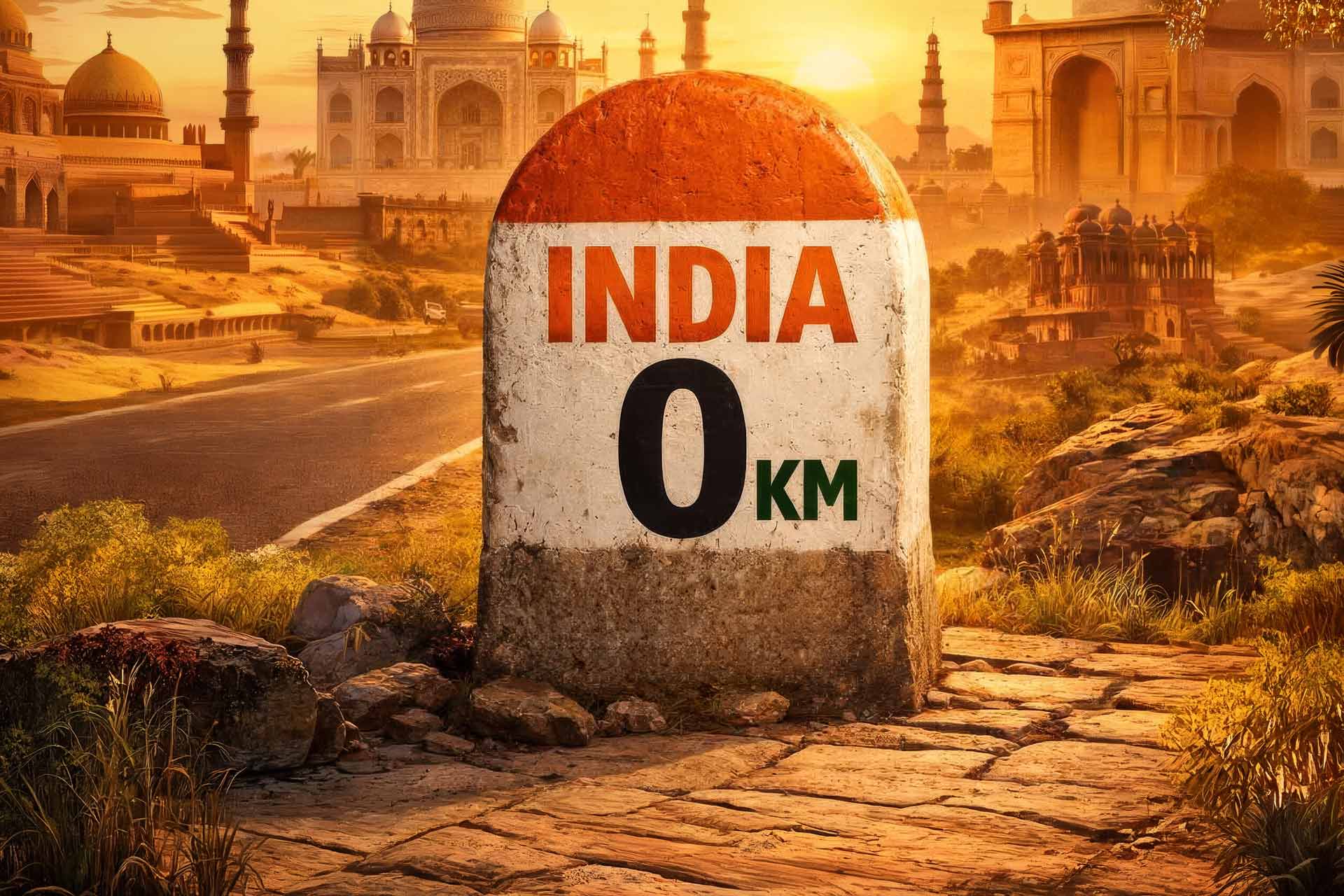 India 0 km på en vägsten i ett indiskt fantasilandskap