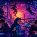 Ett fantasikollage i synthwave-still med ungdomar som skapar musik med programmering och AI
