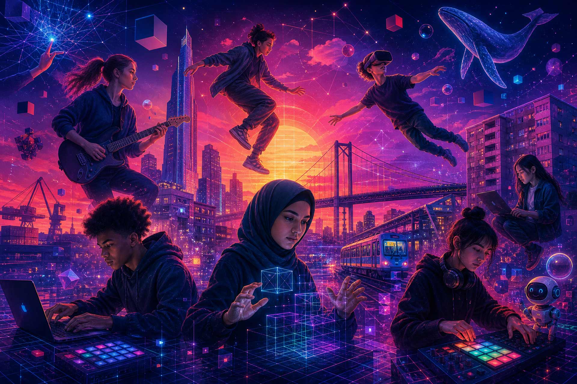 Ett fantasikollage i synthwave-still med ungdomar som skapar musik med programmering och AI
