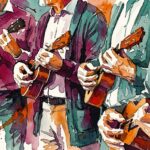 Akvarell med ukulele-spelande seniorer